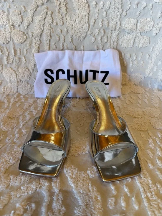 SCHUTZ Metallic Silver Open-Toe Slide Heels #601 - Picture 2 of 7